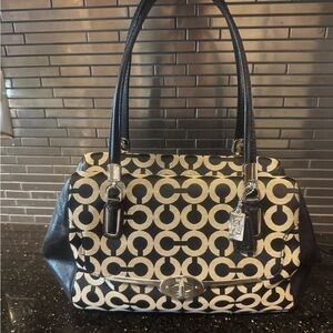COACH Madison Madeline Black and Ivory Signature Satchel with Leather Trim